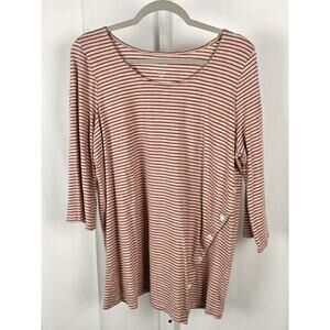 J. JILL Pure  Petite L PL Striped Asymmetric Button Tunic Top 3/4 Sleeve Red Tan